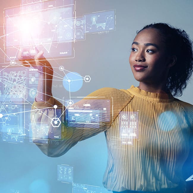 Person looking at digital screen, using hand to navigate.